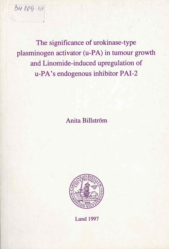 The significance of urokinase-type plasminogen activator /u-PA/ in tumor growth and Linomide-induced upregulation of u-PA's endogenous inhibitor PAI-2