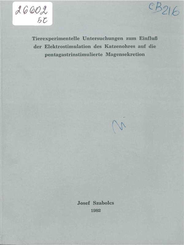 Tierexperimentelle Untersuchungen zum Einfluss der Elektrostimulation des Katzenohres auf die pentagastristimulierte Magensekretion