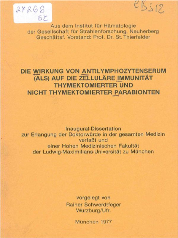 Die Wirkung von Antilymphozytenserum (ALS) auf die zellulare Immunitat thymektomierter und nicht thymektomierter Parabionten