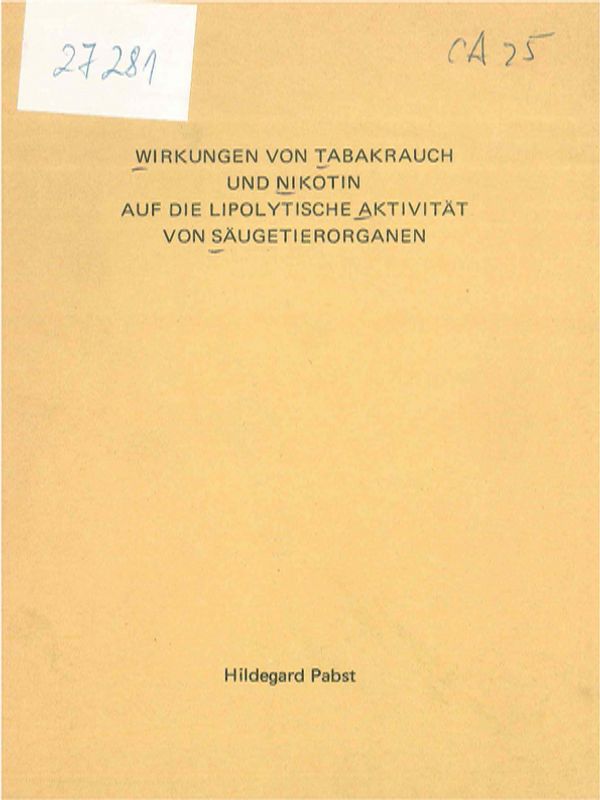 Wirkungen von Tabakrauch und Nikotin auf die Lipolytische Aktivitat von Saugetierorganen