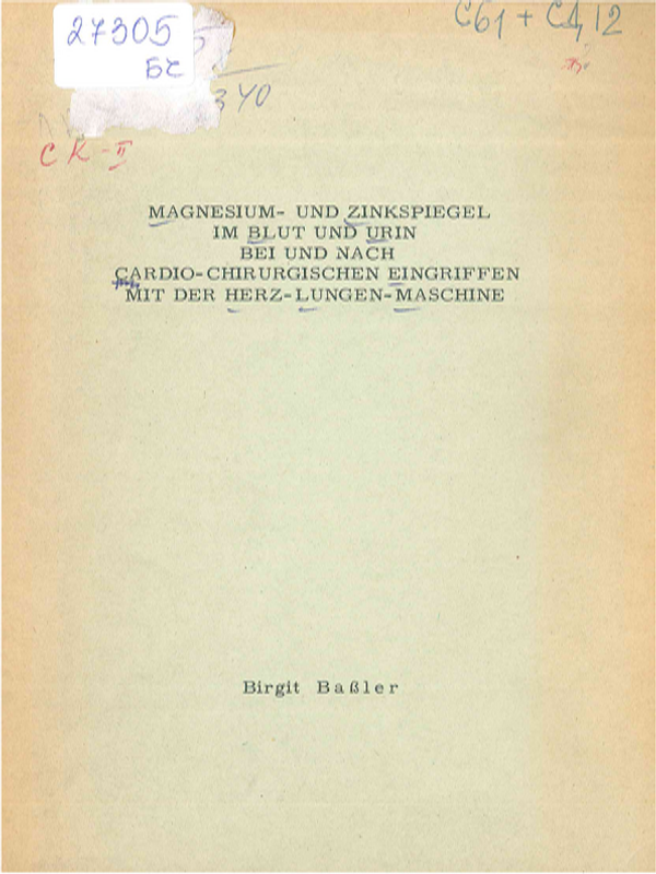 Magnesium- und Zinkspiegel im Blut und Urin bei und nach Cardio-chirurgischen Eingriffen mit der Hers-Lungen-Maschine