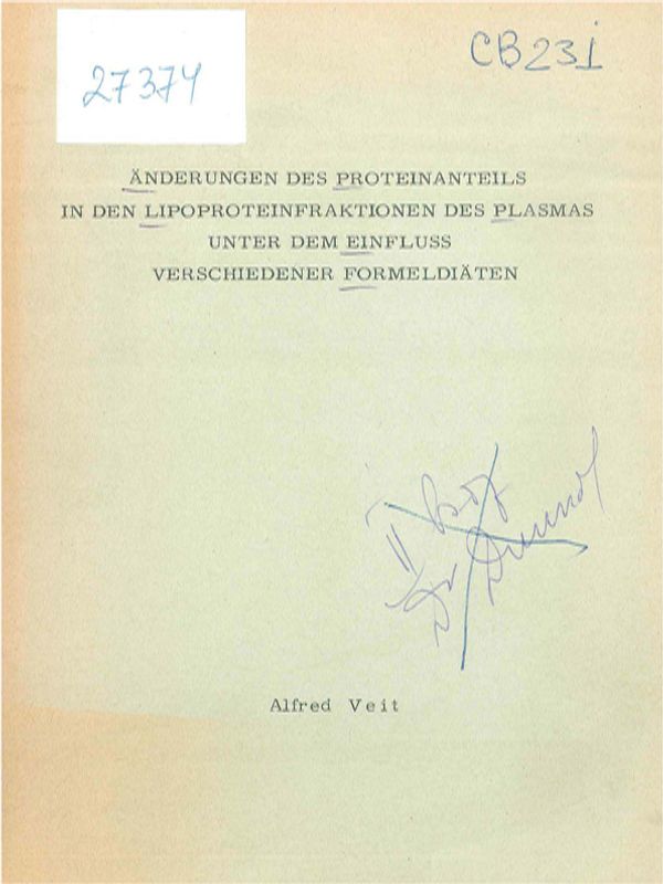 Anderungen des Proteinanteils in den Lipoproteinfraktionen des Plasmas unter dem Einfluss verschiedener Formeldiaten