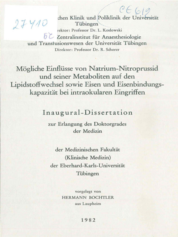 Mogliche Einflusse von Natrium-Nitroprussid und seiner Metaboliten auf den Lipidstoffwechsel sowie Eisen und Eisenbindungskapazitat bei intraokularen Eingriffen