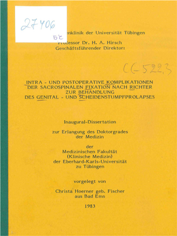 Intra-und postoperative Komplikationen der Sacrospinalen Fixation nach Richter zur Behandlung des Genital-und Scheidenstumpfprolapses