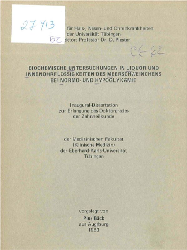 Biochemische Untersuchungen in Liquor innenohrflussigkeiten des Meerschweinchens bei Normo- und Hypoglykamie