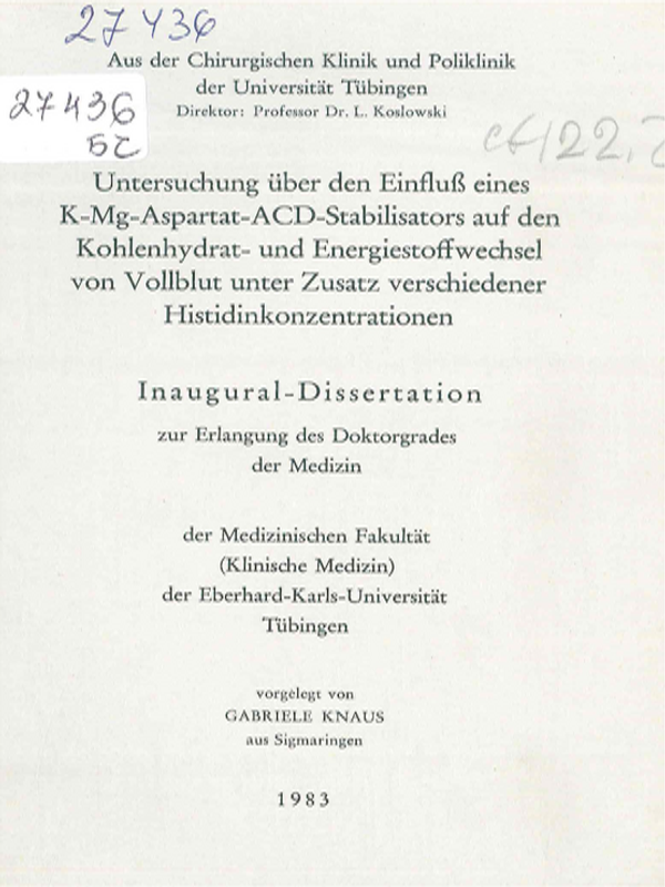 Untersuchung uber den Einfluss eines K-Mg-Aspartat-ACD-Stabilisators auf den Kohlenhydrat-und Energiestoffwechsel von Vollblut unter Zusatz verschiedener Histidinkonzentrationen