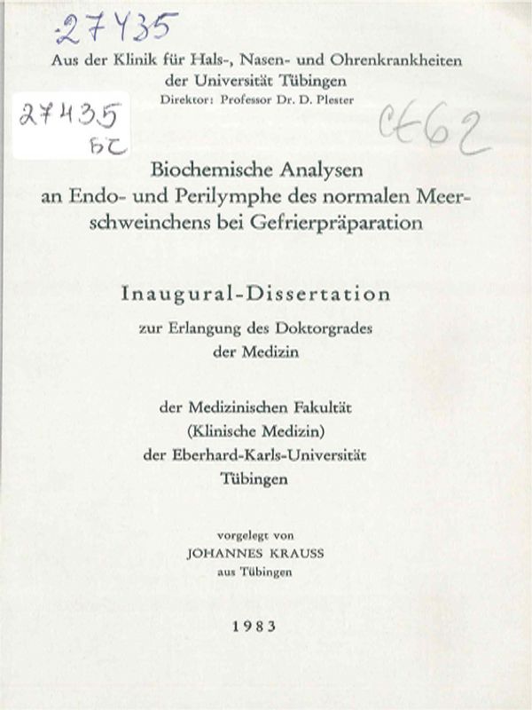 Biochemische Analysen an Endo-und Perilymphe des normalen Meerschweinchens bei Gefrierpraparation