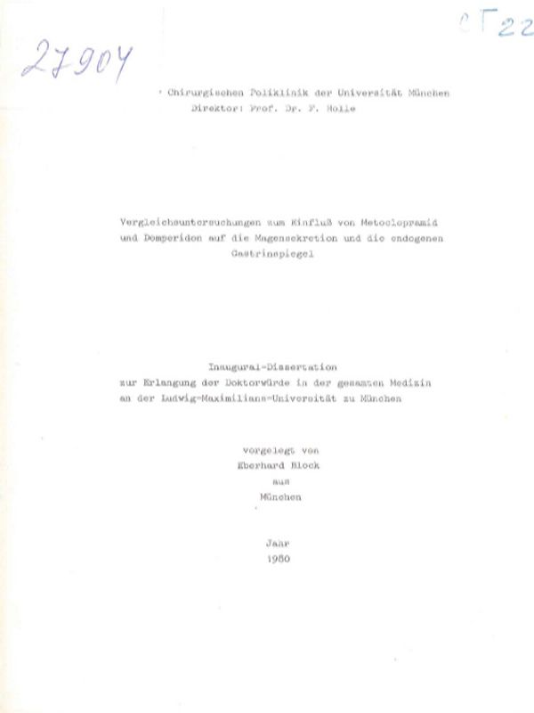 Vergleichsuntersuchungen zum Einfluss von Metoclopramid und Domperidon auf die Magensekretion und die endogenen Gastrinspiegel