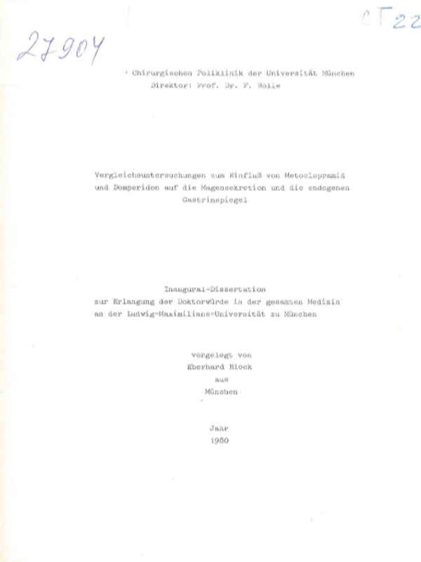 Vergleichsuntersuchungen zum Einfluss von Metoclopramid und Domperidon auf die Magensekretion und die endogenen Gastrinspiegel