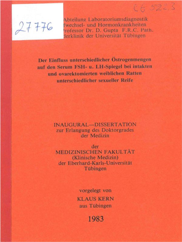 Der Einfluss unterschiedlicher Ostrogenmengen auf den Serum FSH-u. LH-Spiegel bei intakten und ovarektomierten weiblichen Ratten unterschiedlicher sexueller Reife