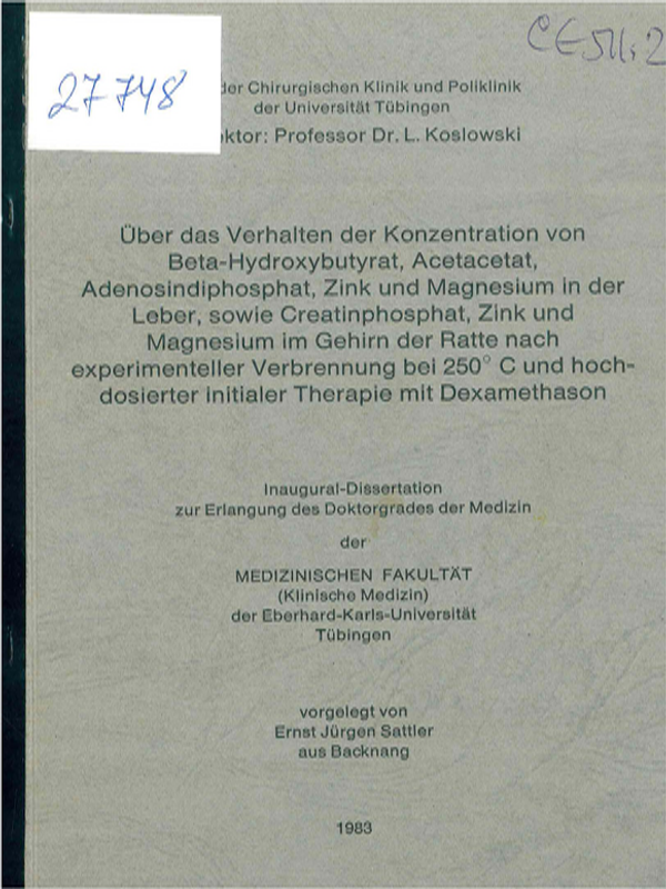 Uber das Verhalten der Konzentration von Beta-Hydroxybutyrat, Acetacetat, Adenosindiphosphat, Zink und Magnesium in der Leber, sowie Creatinphosphat, Zink und Magnesium im Gehirn der Ratte nach experimenteller Verbrennung bei 250 C