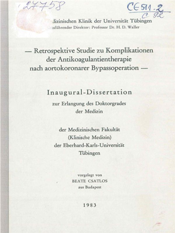 Retrospektive Studie zu Komplikationen der Antikoagulantientherapie nach aortokoronarer Bypassoperation