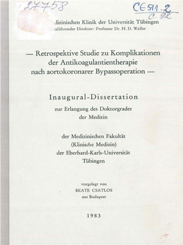 Retrospektive Studie zu Komplikationen der Antikoagulantientherapie nach aortokoronarer Bypassoperation