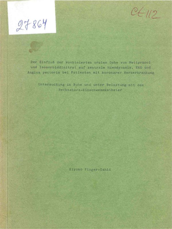 Der Einfluss der Kombinierten oralen Gabe von Metipranol und Isosorbiddinitrat auf zentrale Hamodynamik, EKG und Angina pectoris bei Patienten mot koronarer Herzerkrankung