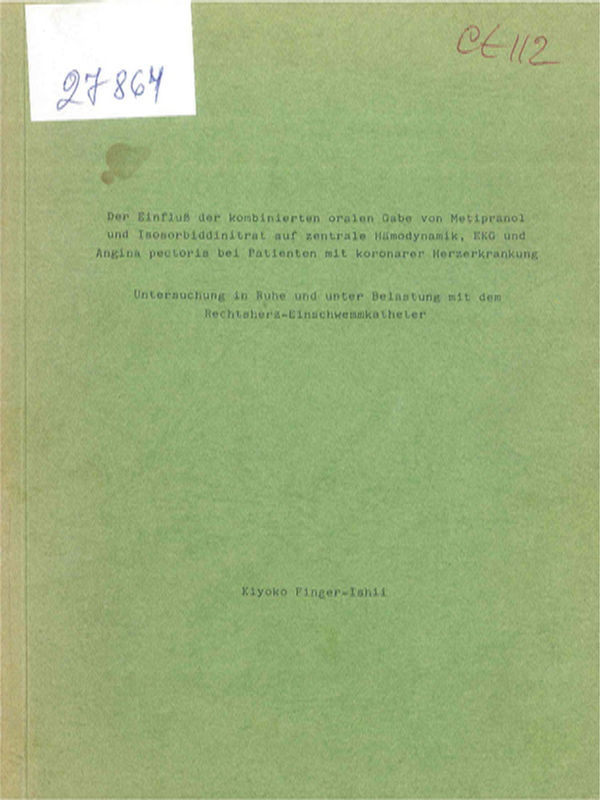 Der Einfluss der Kombinierten oralen Gabe von Metipranol und Isosorbiddinitrat auf zentrale Hamodynamik, EKG und Angina pectoris bei Patienten mot koronarer Herzerkrankung