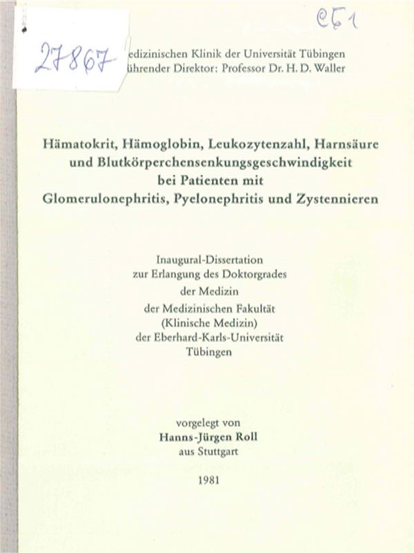 Hamatokrit, Hamoglobin, Leukozytenzahl, Harnsaure und Blutkorperchensenkungsgeschwindigkeit bei Patienten mit Glomerulonephritis, Pyelonephrithis und Zystennieren