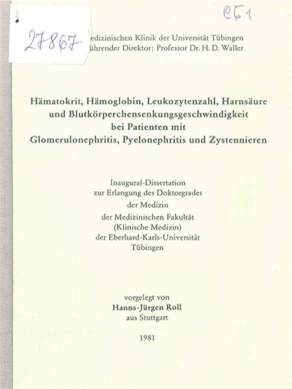 Hamatokrit, Hamoglobin, Leukozytenzahl, Harnsaure und Blutkorperchensenkungsgeschwindigkeit bei Patienten mit Glomerulonephritis, Pyelonephrithis und Zystennieren
