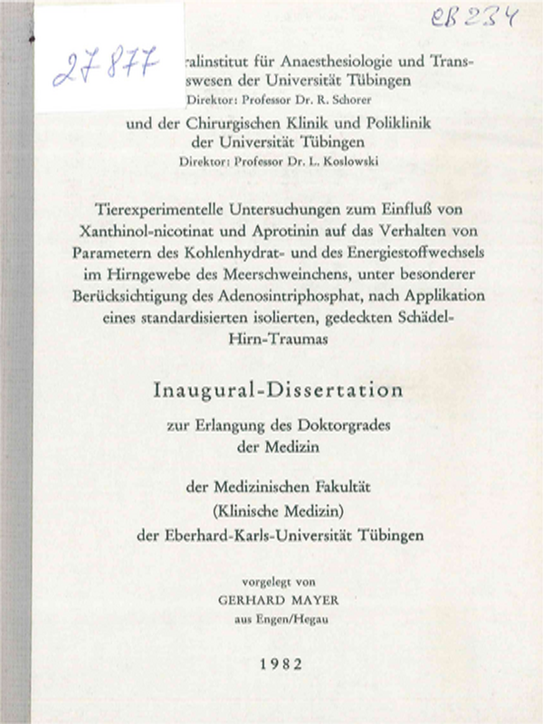 Tierexperimentelle Untersuchungen zum Einfluss von Xanthinol-nicotinat und Aprotinin auf das Verhalten von Parametern des Kohlenhydrat- und des Energiestoffwechsels im Hirngewebe des Meerschweinchens, unter besonderer Berucksichtigung ...