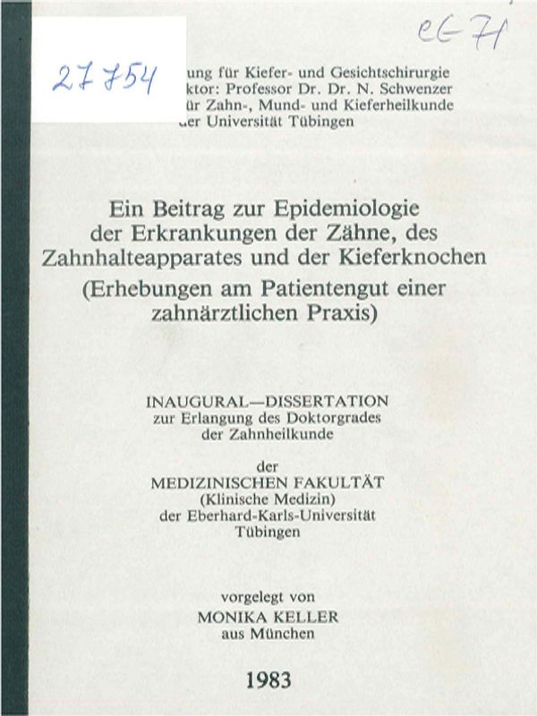 Ein Beitrag zur Epidemiologie der Erkrankungen der Zahne, des Zahnhalteapparates und der Kieferknochen (Erhebungen am Patientengut einer zahnarztlichen Praxis)