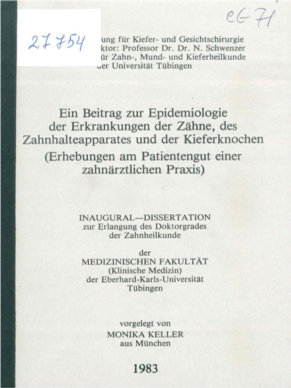 Ein Beitrag zur Epidemiologie der Erkrankungen der Zahne, des Zahnhalteapparates und der Kieferknochen (Erhebungen am Patientengut einer zahnarztlichen Praxis)