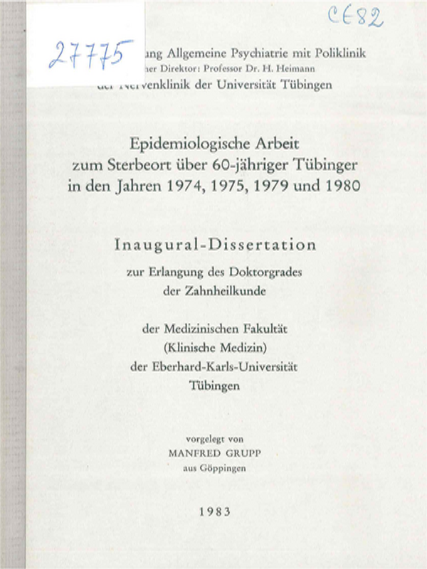 Epidemiologische Arbeit zum Sterbeort uber 60-jahriger Tubinger in den Jahren 1974, 1975, 1979 und 1980