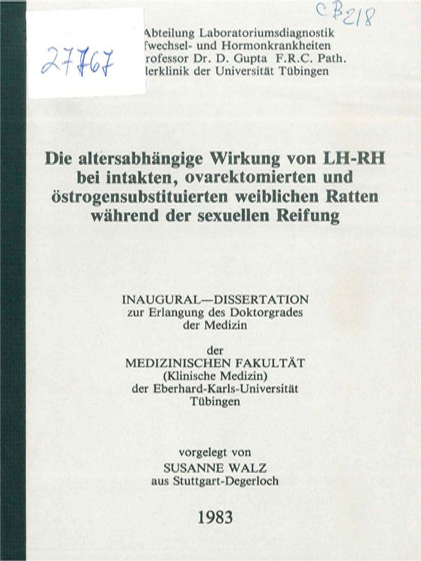 Die altersabhangige Wirkung von LH-RH bei intakten, ovarektomierten und ostrogensubstituierten weiblichen Ratten wahren der sexuellen Reifung