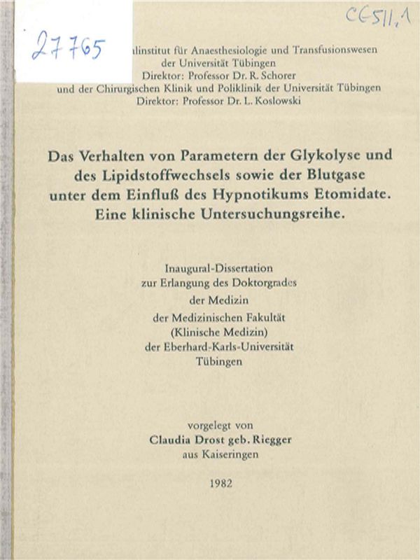 Das Verhalten von Parametern der Glykolyse und des Lipidstoffwechsels sowie der Blutgase unter dem Einfluss des Hypnotikums Etomidate, Eine klinische Untersuchungsreihe