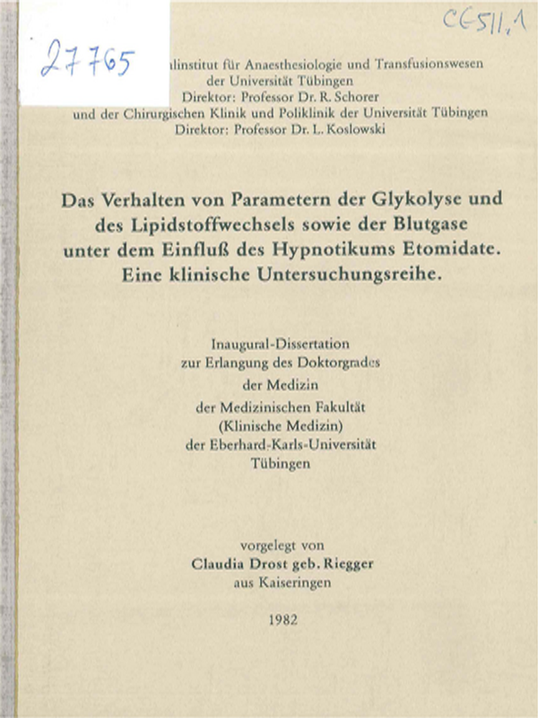 Das Verhalten von Parametern der Glykolyse und des Lipidstoffwechsels sowie der Blutgase unter dem Einfluss des Hypnotikums Etomidate, Eine klinische Untersuchungsreihe