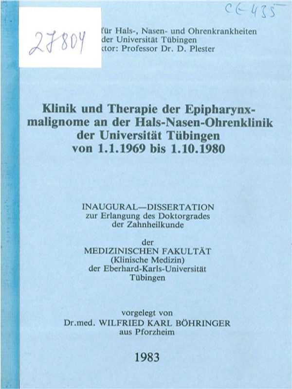 Klinik und Therapie der Epipharynx-malignome an der Hals-Nasen-Ohrenklinik der Universitat Tubingen von 1.1.1969 bis 1.10.1980