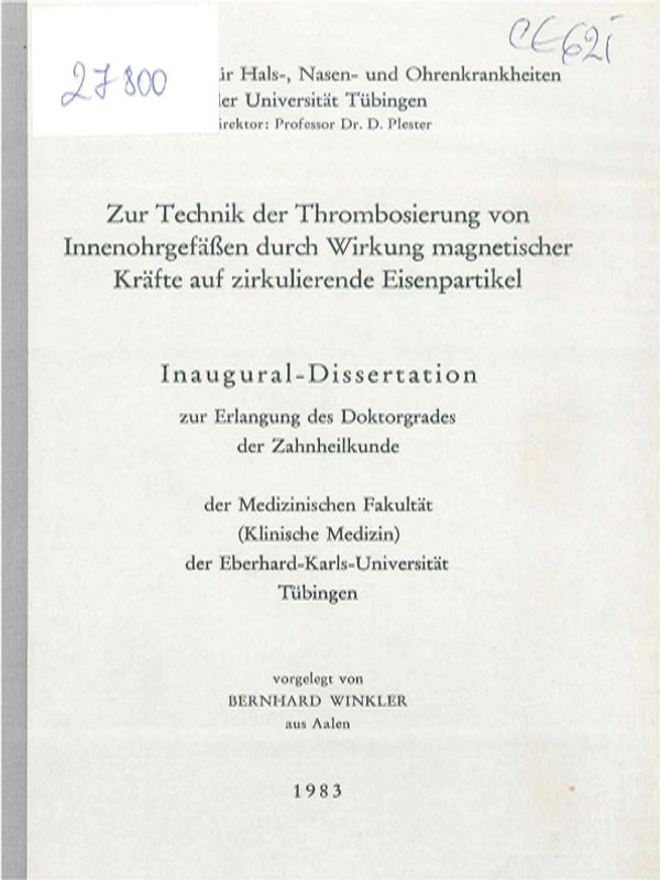 Zur Technik der Thrombosierung von Innenohrgefassen durch Wirkung magnetischer Krafte auf zirkulierende Eisenpartikel
