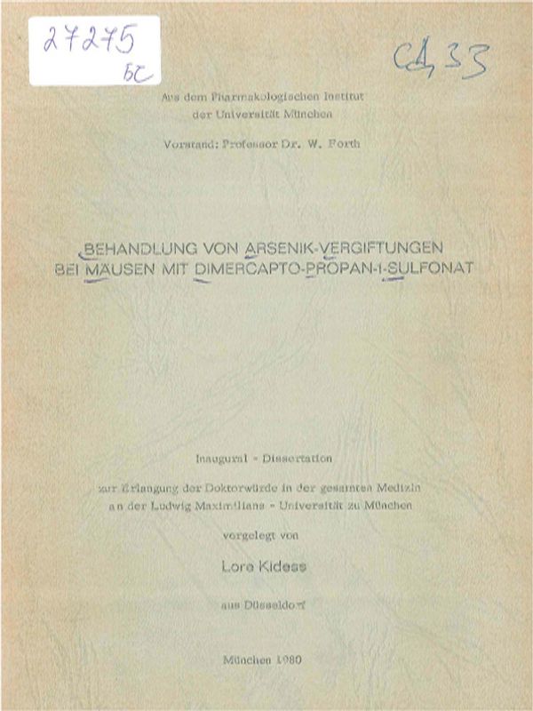 Behandlung von Arsenik-Vergiftungen bei Mausen mit Dimercapto-Propan-1-Sulfonat