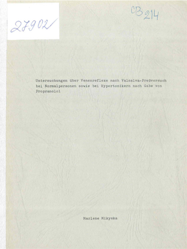 Untersuchungen uber Venenreflexe nach Valsalva-Pressversuch bei Normalpersonen sowie bei Hypertonikern nach Gabe von Propranolol