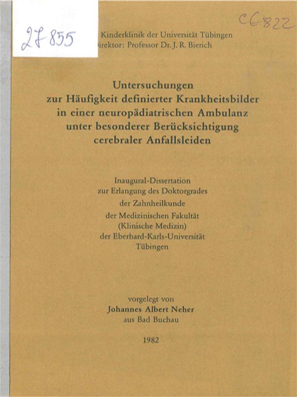 Untersuchungen zur Haufigkeit definierter Krankeitsbilder in einer neuropadiatrischen Ambulanz unter besonderer Berucksichtigung cerebraler Anfallsleiden