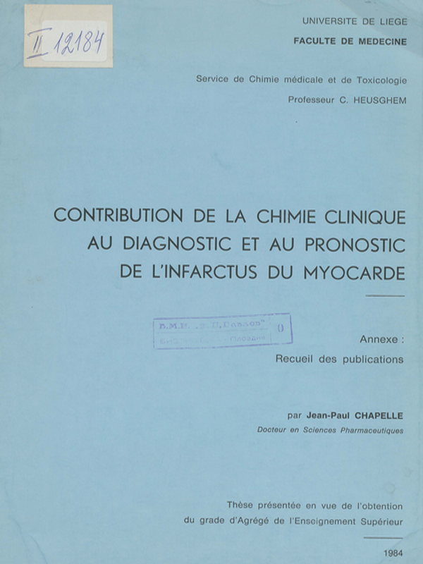 Contribution de la chimie clinique au diagnostic et au pronostic de l'infarctus du myocarde