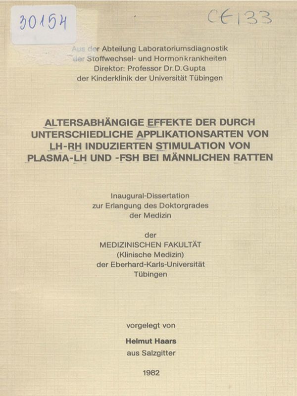 Altersabhangige Effekte der durch unterschiedliche Applikationsarten von LH-RH induzierten Stimulation von Plasma-LH und -FSH mannlichen Ratten