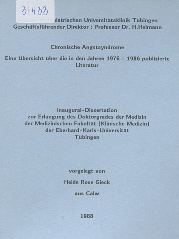 Chronische Angstsyndrome. Eine Ubersicht uber die in den Jahren 1976 - 1986 publizierte Literatur