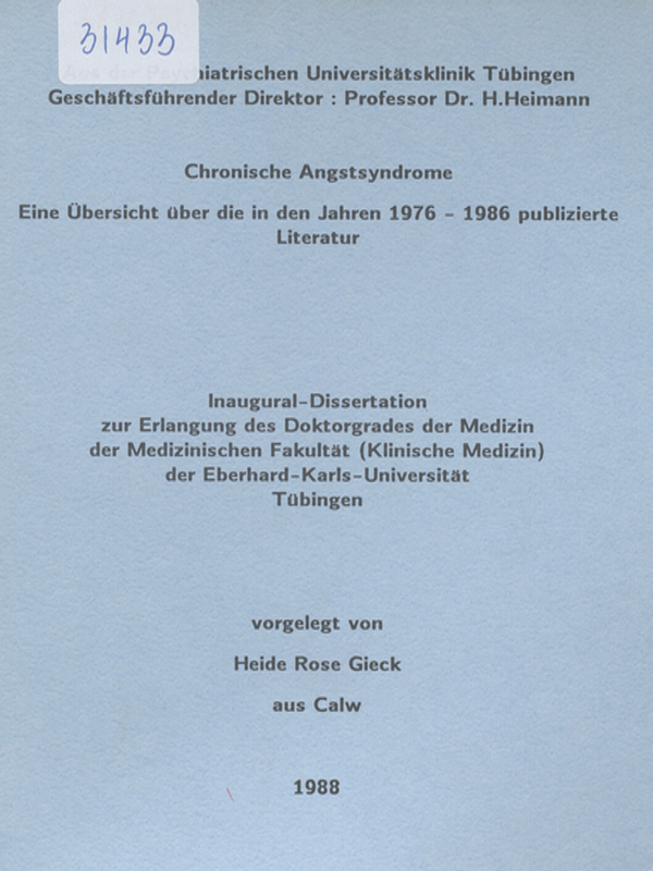 Chronische Angstsyndrome. Eine Ubersicht uber die in den Jahren 1976 - 1986 publizierte Literatur