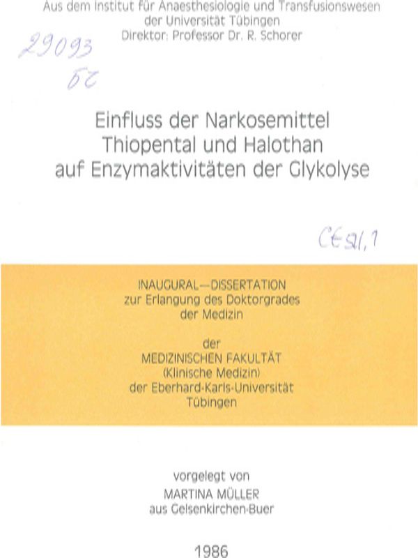 Einfuss der Narkosemittel Thiopental und Halothan auf Enzymaktivitaten der Glykolyse