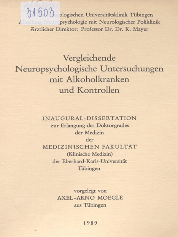 Vergleichende neuropsychologische Untersuchungen mit Alkoholkranken und Kontrollen