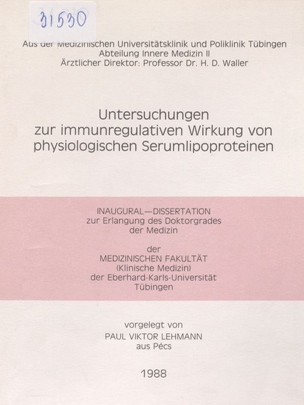 Untersuchungen zur immunregulativen Wirkung von physiologischen Serumlipoproteinen