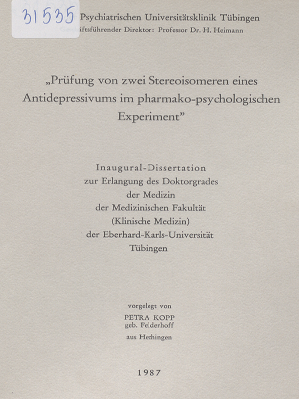 Prufung von zwei Stereoisomeren eines Antidepressivums im pharmako-psychologischen Experiment