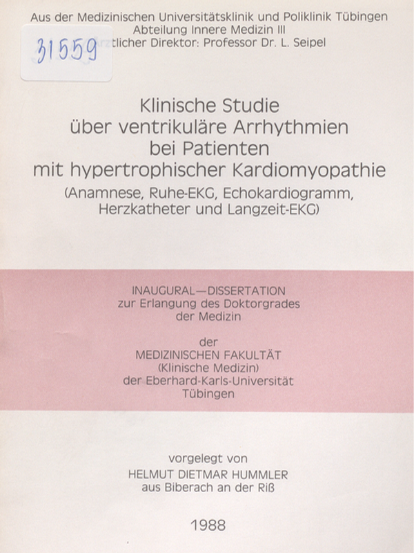 Klinische Studie uber ventrikulare Arrhythmien bei Patienten mit hypertrophischer Kardiomyopathie (Anamnese, Ruhe-EKG, Echokardiogramm, Herzkatheter und Langzeit-EKG)