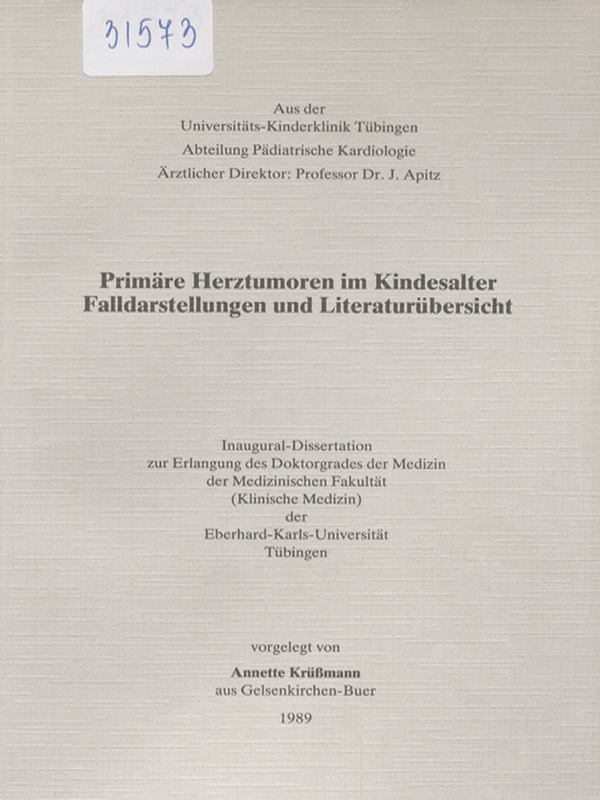 Primare Herztumoren im Kindesalter. Falldarstellungen und Literaturubersicht