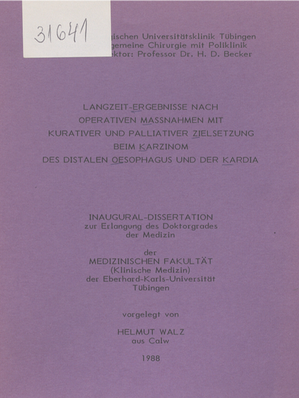 Langzeit-Ergebnisse nach operativen Massnahmen mit kurativer und palliativer Zielsetzung beim Karzinom des distalen Oesophagus und der Kardia
