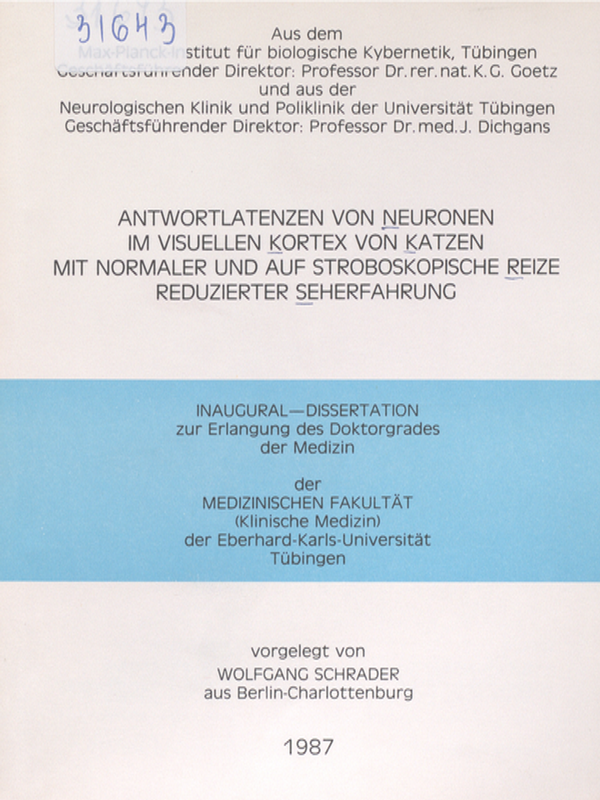 Antwortlatenzen von Neuronen im visuellen Kortex von Katzen mit normaler und auf stroboskopische Reize reduzierter Seherfahrung