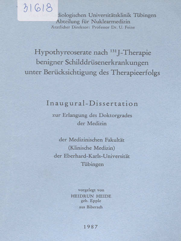Hypothyreoserate nach 131J-Therapie benigner Schilddrusenerkrankungen unter Berucksichtigung des Therapieerfolgs