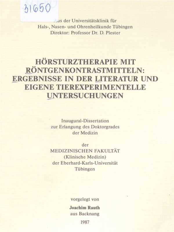 Horsturztherapie mit Rontgenkontrastmitteln: Ergebnisse in der Literatur und eigene tierexperimentelle Untersuchungen