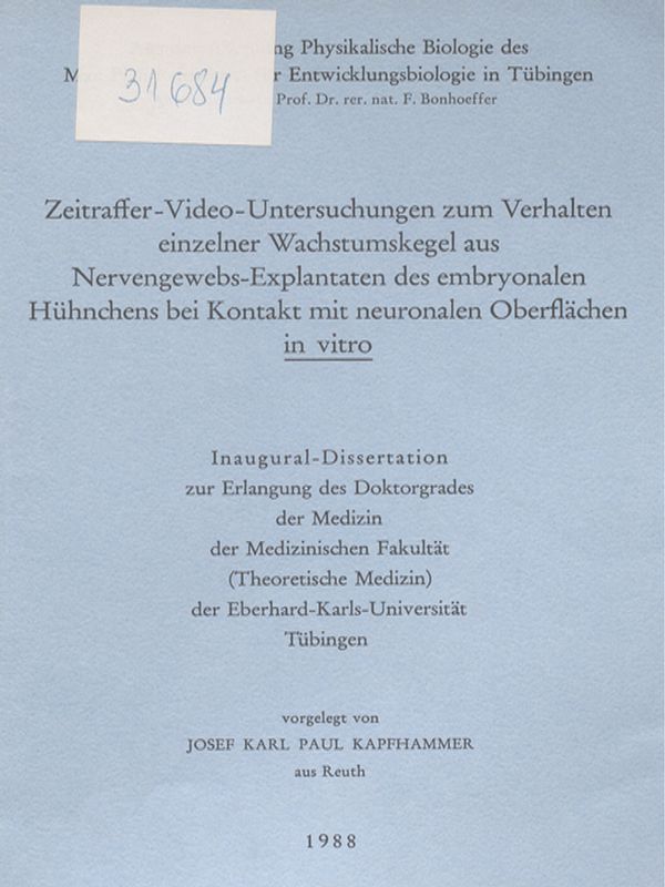 Zeitraffer-Video-Untersuchungen zum Verhalten einzelner Wachstumskegel aus Nervengewebs-Explantaten des embryonalen Huhnchens bei Kontakt mit neuronalen Oberflachen in vitro