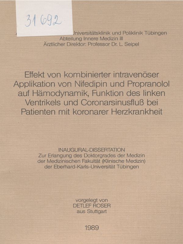 Effekt von kombinierter intravenoser Applikation von Nifedipin und Propranolol auf Hamodynamik, Funktion des linken Ventrikels und Coronarsinusfluss bei Patienten mit koronarer Herzkrankheit
