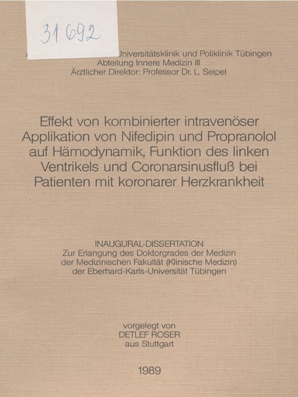 Effekt von kombinierter intravenoser Applikation von Nifedipin und Propranolol auf Hamodynamik, Funktion des linken Ventrikels und Coronarsinusfluss bei Patienten mit koronarer Herzkrankheit